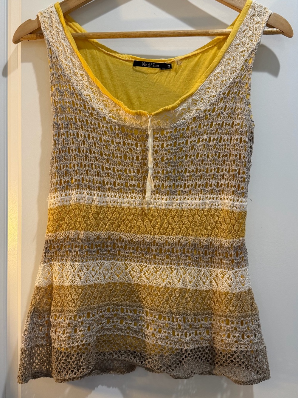 Nic + Zoe Linen Blend Crochet Overlay Tank Top Yellow Beige Medium Boho
